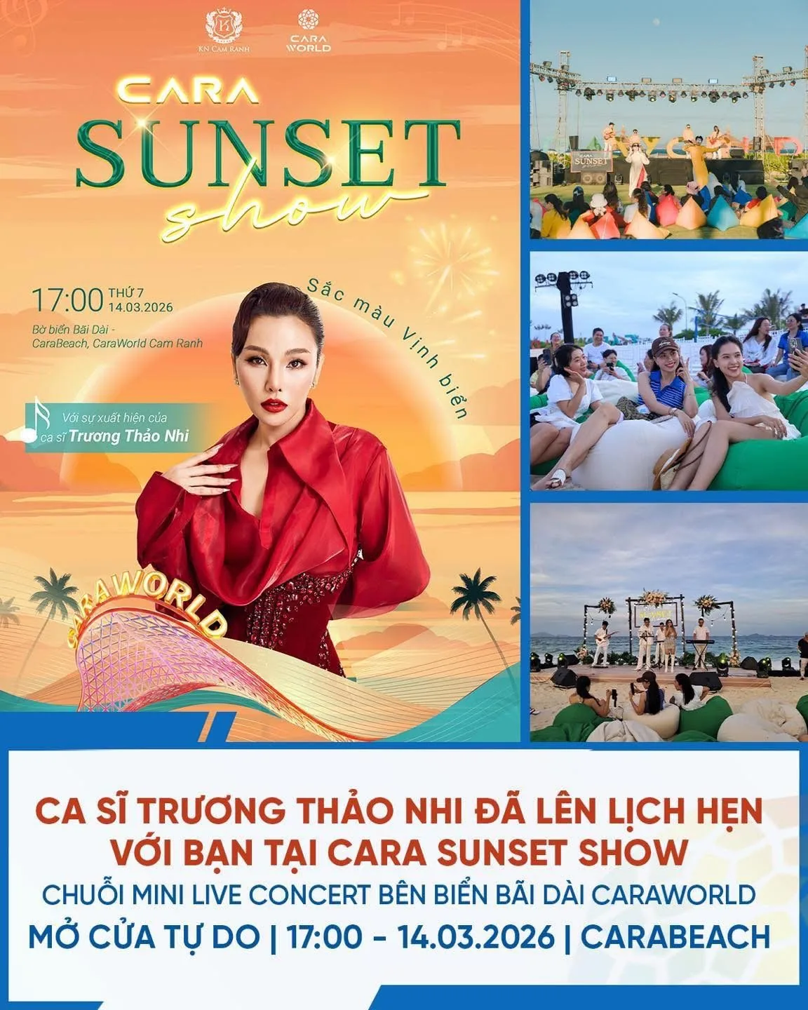Poster sự kiện Cara Sunset Show ca sĩ Trương Thảo Nhi mini live concert 17h ng&agrave;y 14 th&aacute;ng 3 năm 2026 tại Carabeach CaraWorld