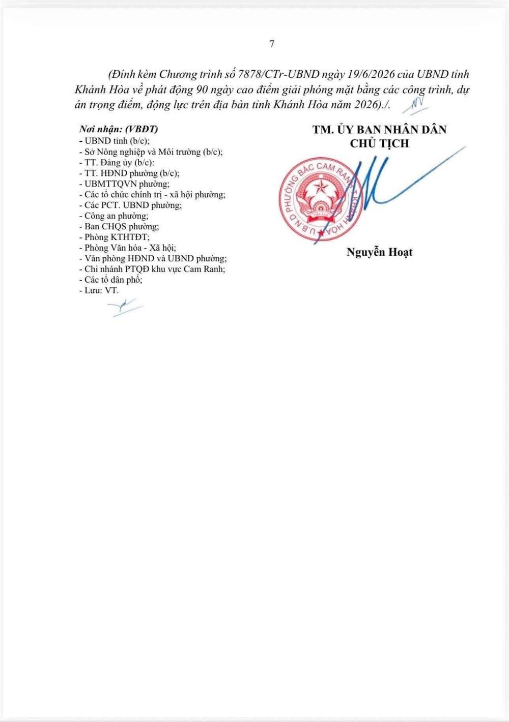 Kế hoạch 2958/KH-UBND ng&agrave;y 06/7/2026 của UBND phường Bắc Cam Ranh về 90 ng&agrave;y cao điểm giải ph&oacute;ng mặt bằng &mdash; trang 7
