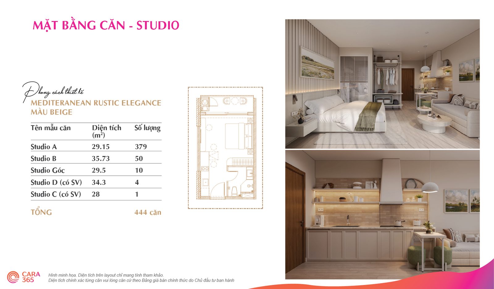 Mặt bằng căn Studio Cara365 — phong cách Mediterranean Rustic