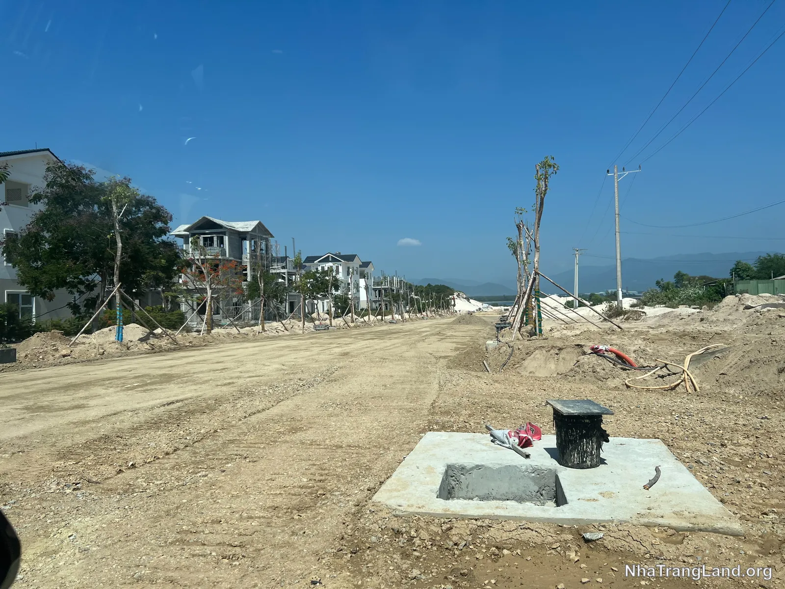 Tuyến đường nội khu mới: nền đường đ&atilde; lu l&egrave;n, hố ga tho&aacute;t nước ho&agrave;n th&agrave;nh, c&acirc;y xanh trồng chống dựng hai b&ecirc;n &mdash; ph&iacute;a xa l&agrave; d&atilde;y biệt thự đang x&acirc;y th&ocirc;.