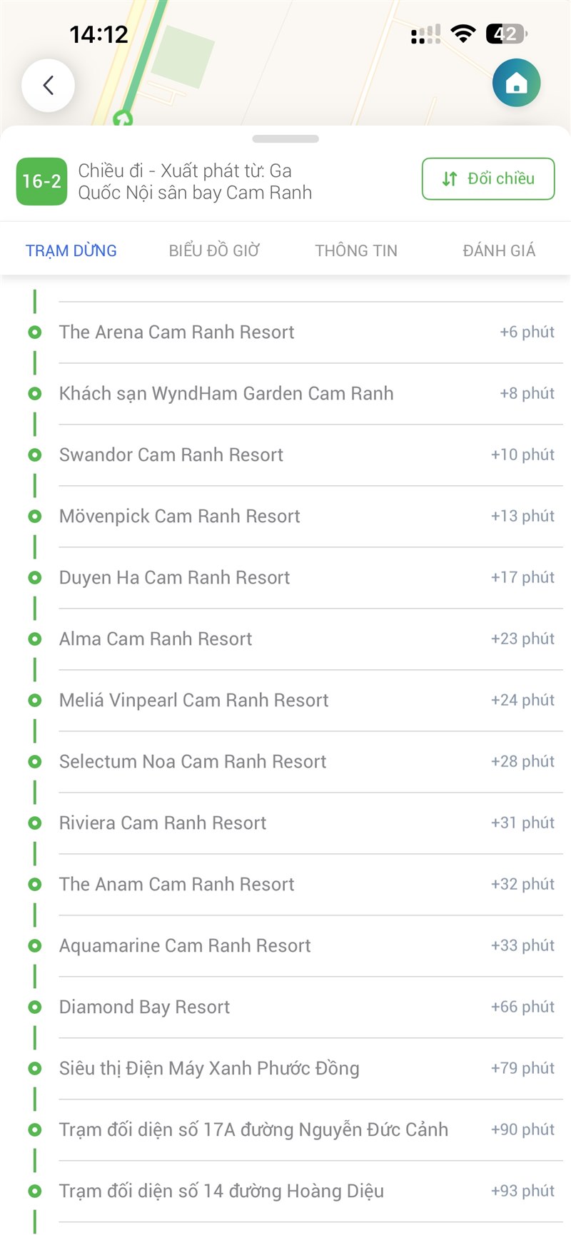 Danh s&aacute;ch trạm dừng tuyến VinBus 16-2 tại c&aacute;c resort B&atilde;i D&agrave;i với thời gian từ s&acirc;n bay Cam Ranh