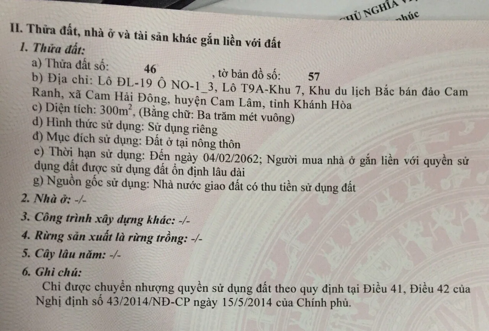 Sổ đỏ mẫu biệt thự MHDI Cam Ranh — Lô ĐL-19 Block NO-1, diện tích 300m², sở hữu lâu dài
