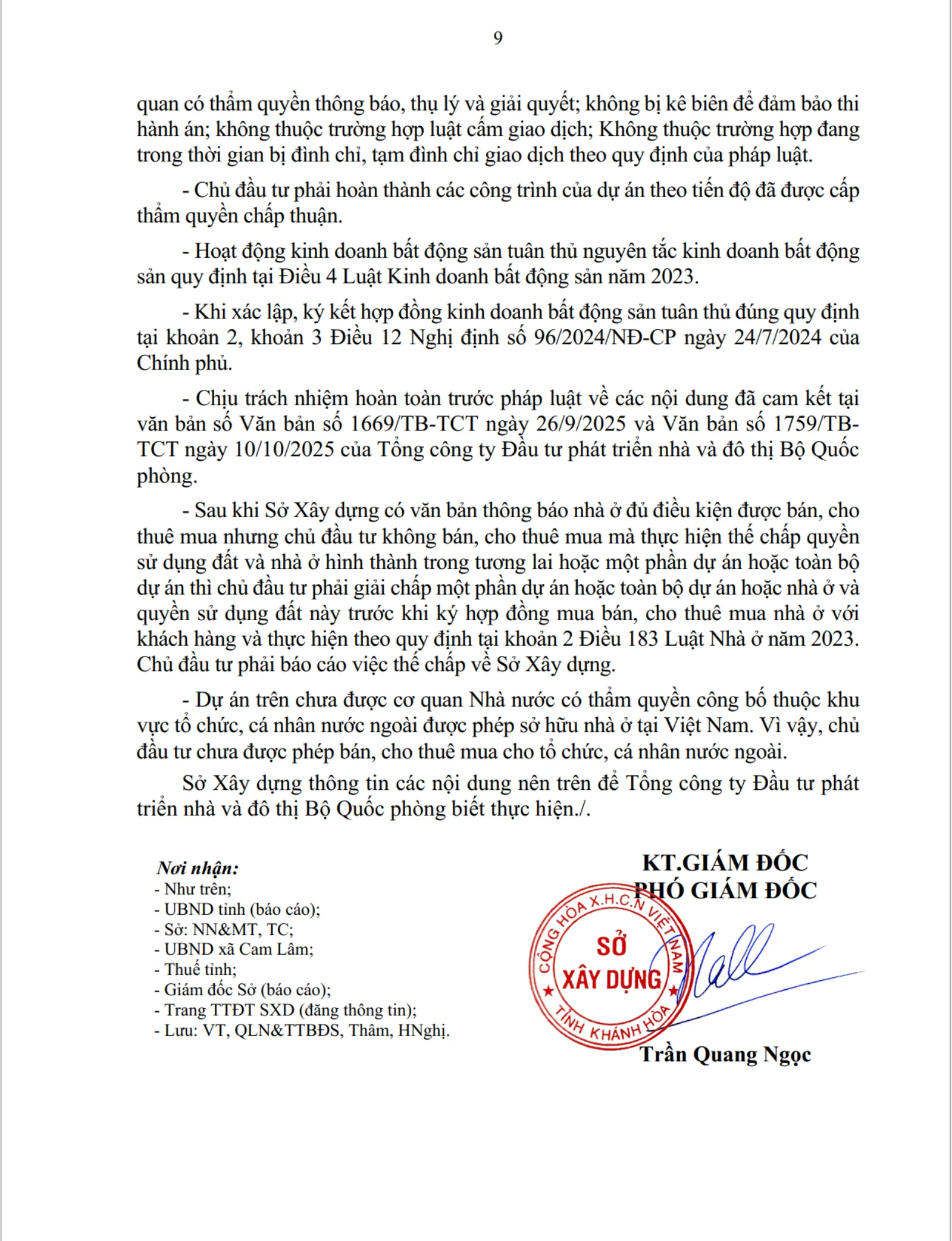 Văn bản Sở Xây Dựng Khánh Hòa số 3595 xác nhận MHDI Cam Ranh đủ điều kiện bán — Trang 9 có chữ ký Phó Giám Đốc