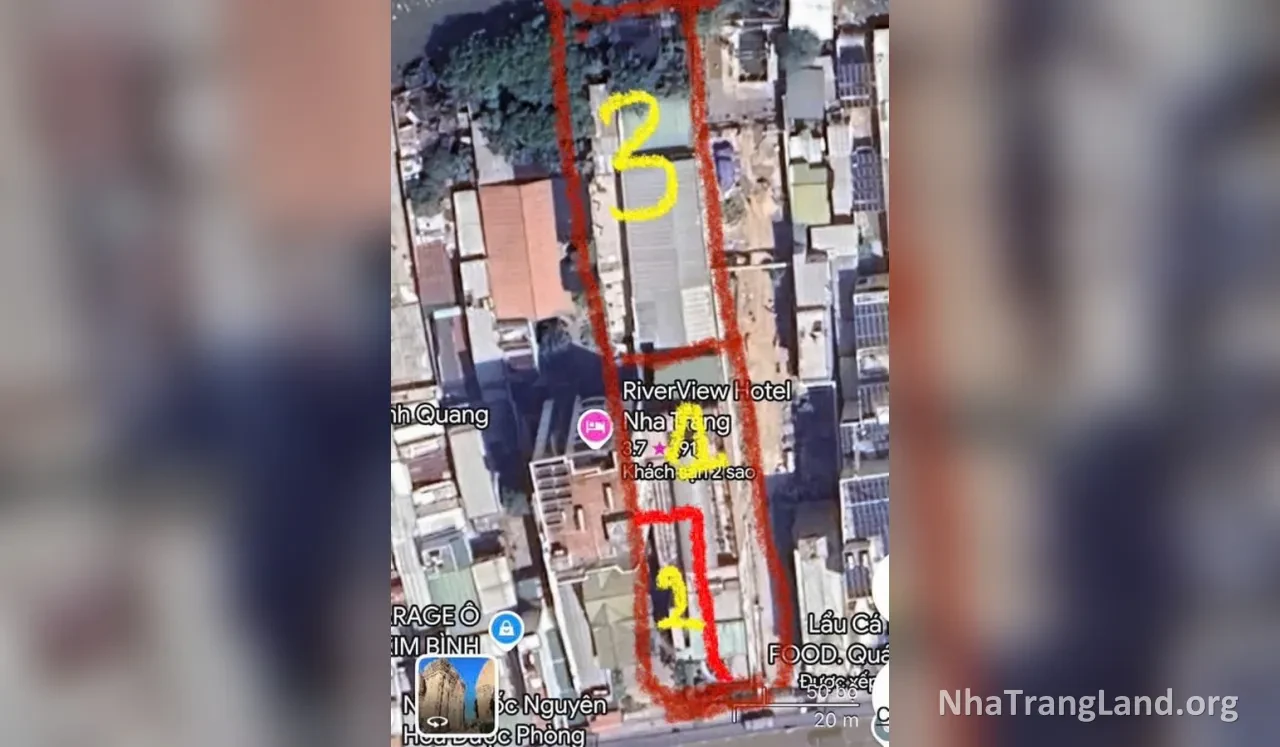 Ảnh vệ tinh khoanh vị trí 3 thửa đất của trung tâm tiệc cưới, ảnh minh họa vị trí
