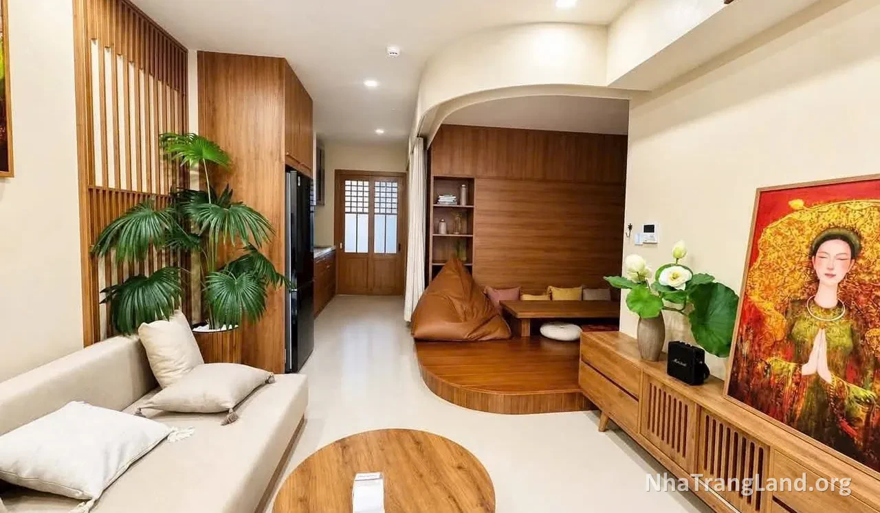 Phòng khách sofa và kệ tivi gỗ của căn hộ CT1 Riverside Luxury
