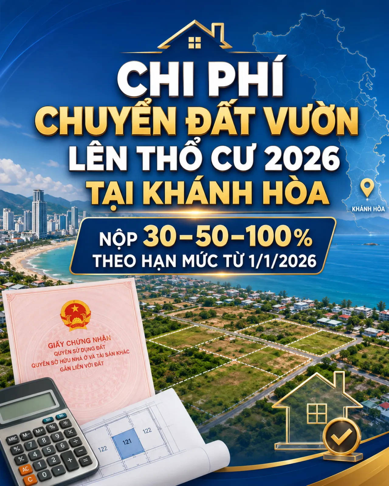 Chi Phí Chuyển Đất Vườn Lên Thổ Cư 2026 Tại Khánh Hòa: Nộp 30–50–100% Theo Hạn Mức Từ 1/1/2026