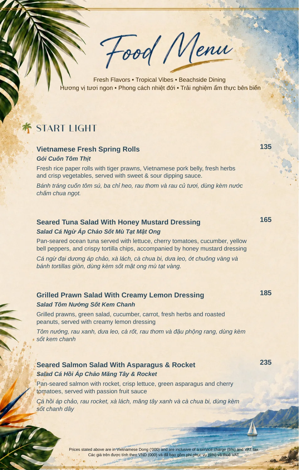 Thực đơn món ăn ven biển niêm yết giá tại CaraBeach Bar Cam Ranh