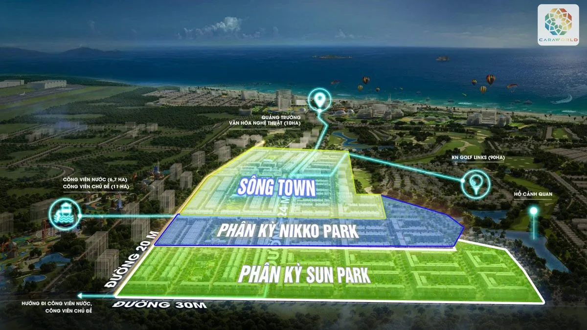 Sơ đồ vị tr&iacute; trung t&acirc;m của ph&acirc;n khu S&ocirc;ng Town kết nối 5 ph&uacute;t S&acirc;n bay Quốc tế Cam Ranh, C&ocirc;ng vi&ecirc;n nước 6,7 ha, S&acirc;n golf 27 hố v&agrave; Bến cảng quốc tế