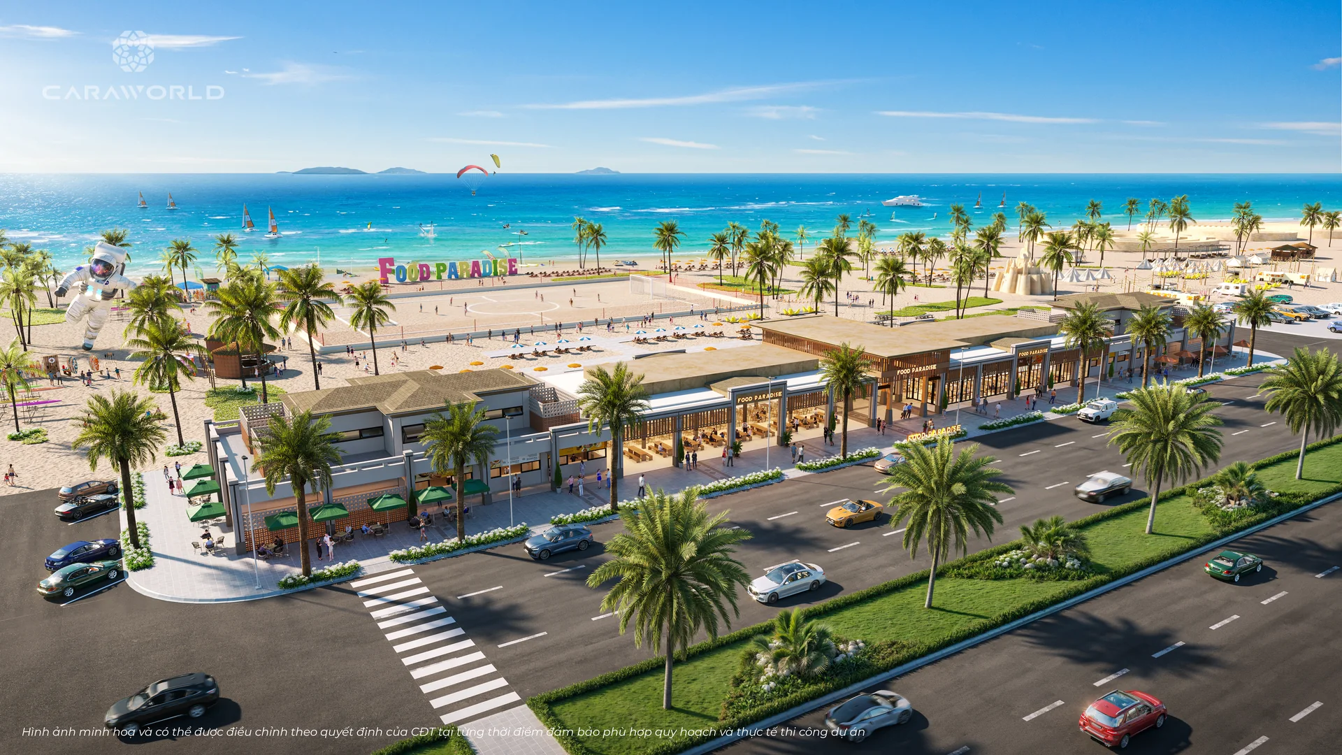 Phối cảnh tuyến phố nh&agrave; h&agrave;ng v&agrave; caf&eacute; giải kh&aacute;t mở dọc c&ocirc;ng vi&ecirc;n bờ biển CaraBeach