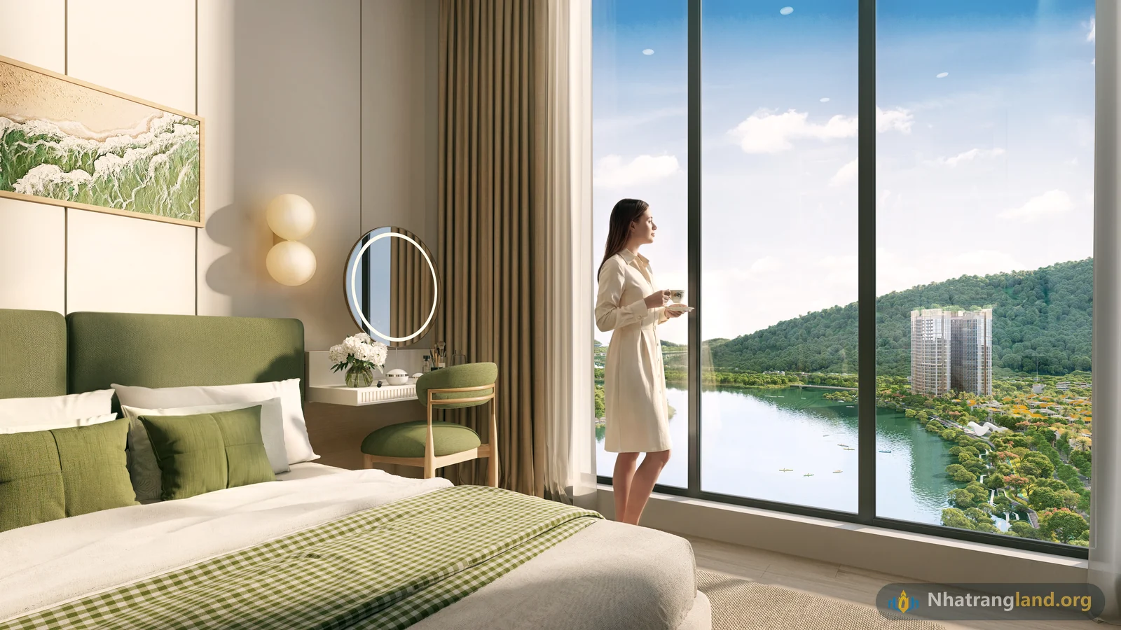 Tầm nh&igrave;n panorama rộng mở từ tầng 23 t&ograve;a căn hộ Đảo Nam bao qu&aacute;t d&ograve;ng s&ocirc;ng Qu&aacute;n Trường, s&ocirc;ng Tắc v&agrave; vịnh biển Nha Trang