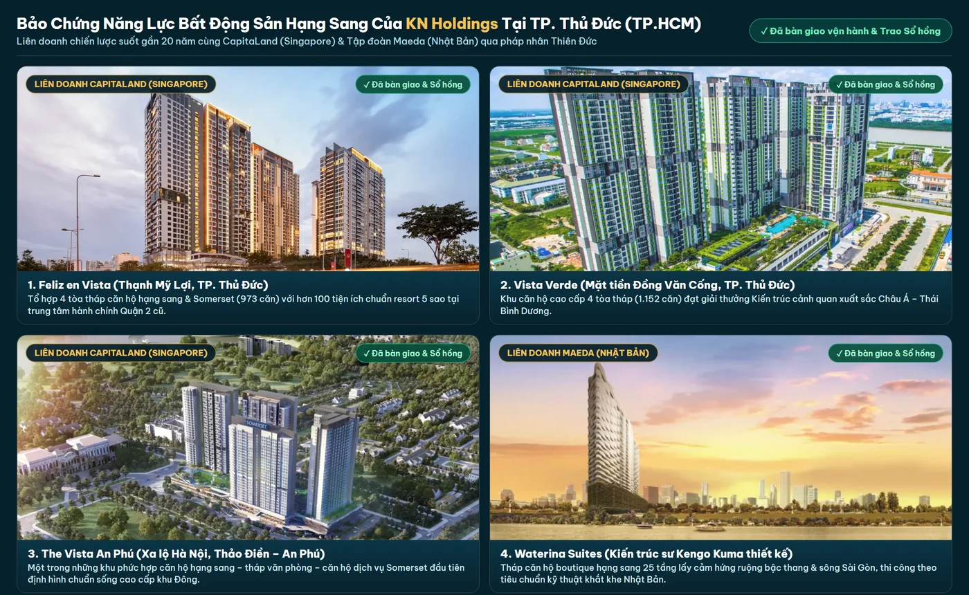Chuỗi 4 dự án căn hộ hạng sang tại TP Thủ Đức TPHCM do hệ sinh thái KN Holdings liên doanh cùng CapitaLand Singapore và Maeda Nhật Bản đã bàn giao và trao sổ hồng