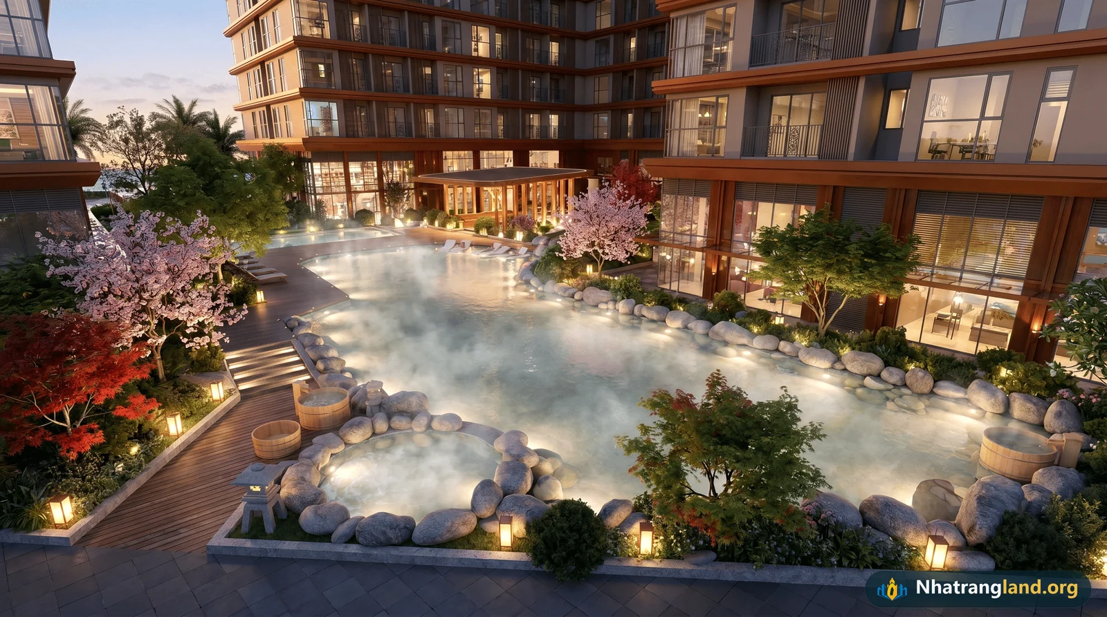 Phối cảnh kh&ocirc;ng gian bể ng&acirc;m kho&aacute;ng n&oacute;ng Onsen thư gi&atilde;n ngay b&ecirc;n trong nội khu cụm th&aacute;p The Fest Charmora City
