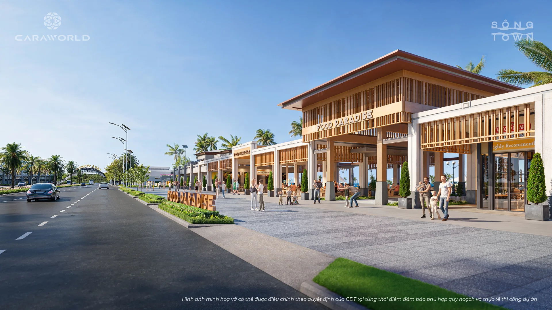 Phối cảnh tổ hợp ẩm thực đa quốc gia c&oacute; m&aacute;i che Yummy Foodcourt (#08) phục vụ kh&aacute;ch đo&agrave;n v&agrave; gia đ&igrave;nh