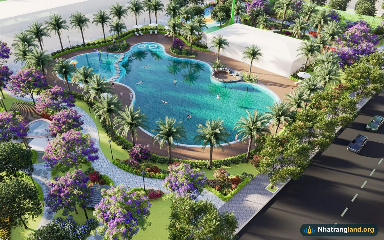 Toàn cảnh hồ bơi Resort uốn lượn hơn 1.000 m2 và nhà Clubhouse 340 m2 tại Công viên trung tâm 0,68 ha Pearl Bay