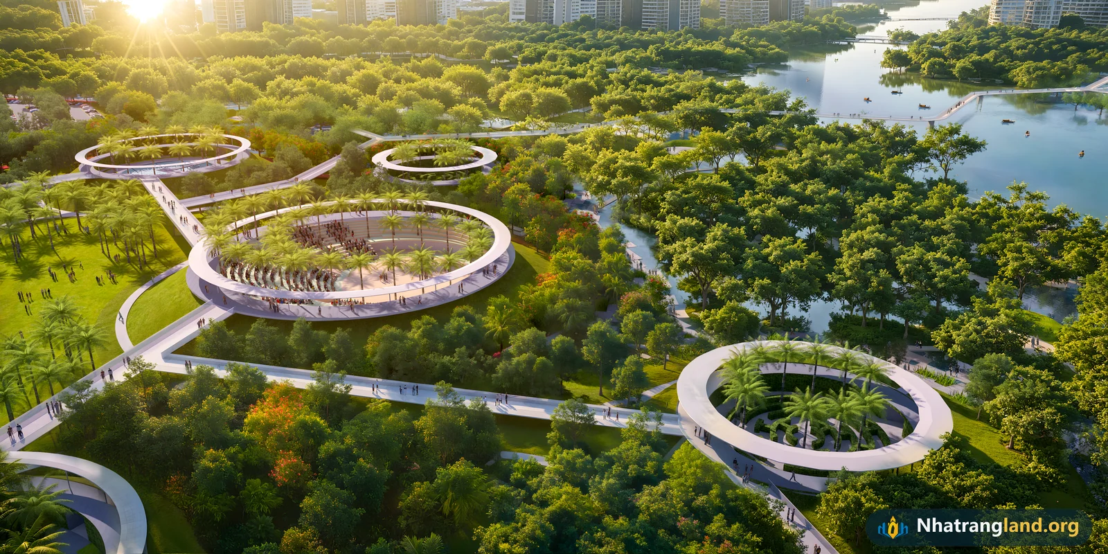 Phối cảnh C&ocirc;ng vi&ecirc;n Trầm Hương số 03 với kiến tr&uacute;c cầu cảnh quan v&ograve;ng tr&ograve;n Crater Landscape nổi tr&ecirc;n mặt nước tại Bắc Đảo Trung Charmora City