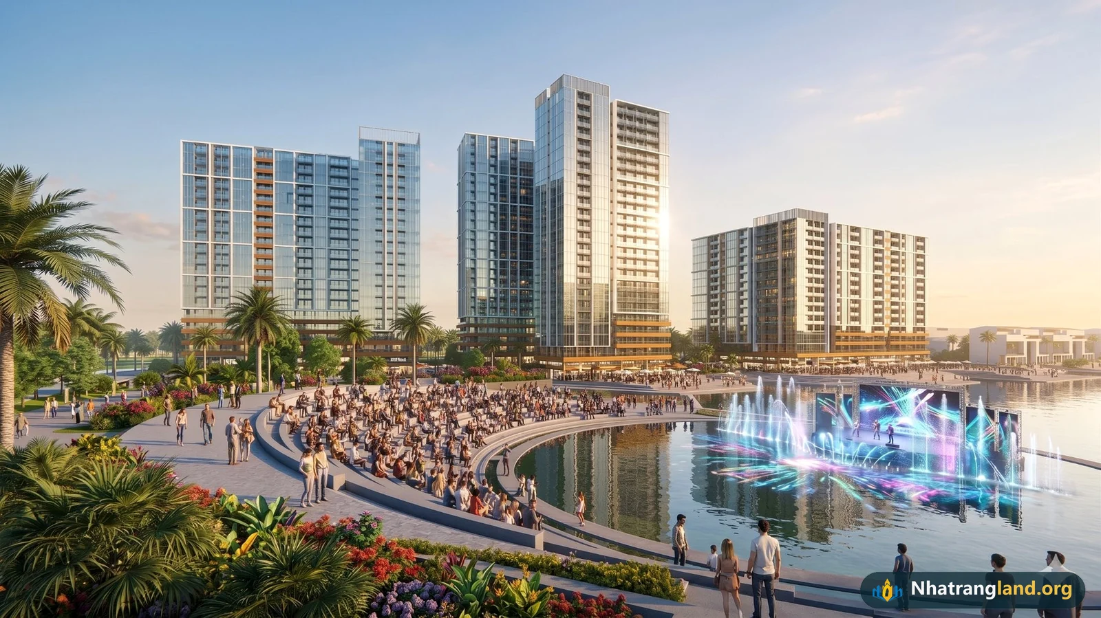 Phối cảnh kh&aacute;n đ&agrave;i Quảng trường lễ hội 5,2 ha số 22, s&acirc;n khấu nhạc nước v&agrave; phố chợ đ&ecirc;m VUI-Fest ngay dưới ch&acirc;n cụm t&ograve;a th&aacute;p The Fest tại Festival Island