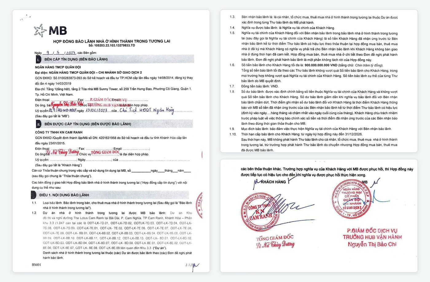 Hợp đồng bảo lãnh nhà ở hình thành trong tương lai hạn mức 900 tỷ đồng của Ngân hàng Quân Đội MB Bank cấp cho Công ty TNHH KN Cam Ranh