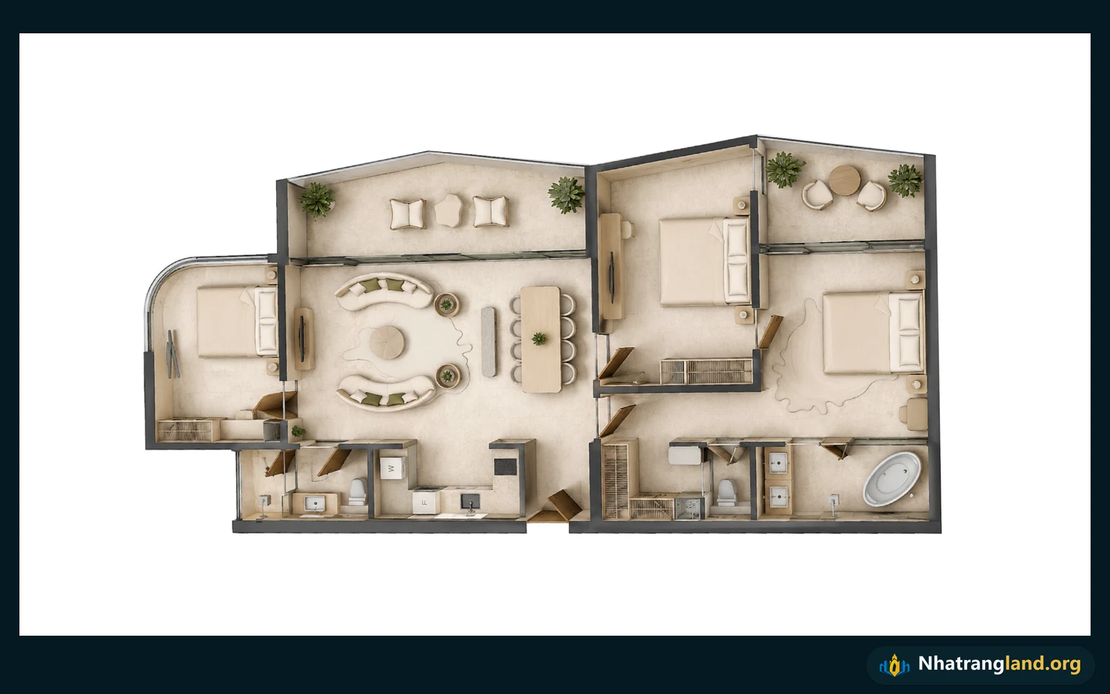 Bản vẽ layout chi tiết căn hộ Penthouse tầng thượng diện tích 118 đến 122m2 tòa Alora Nha Trang