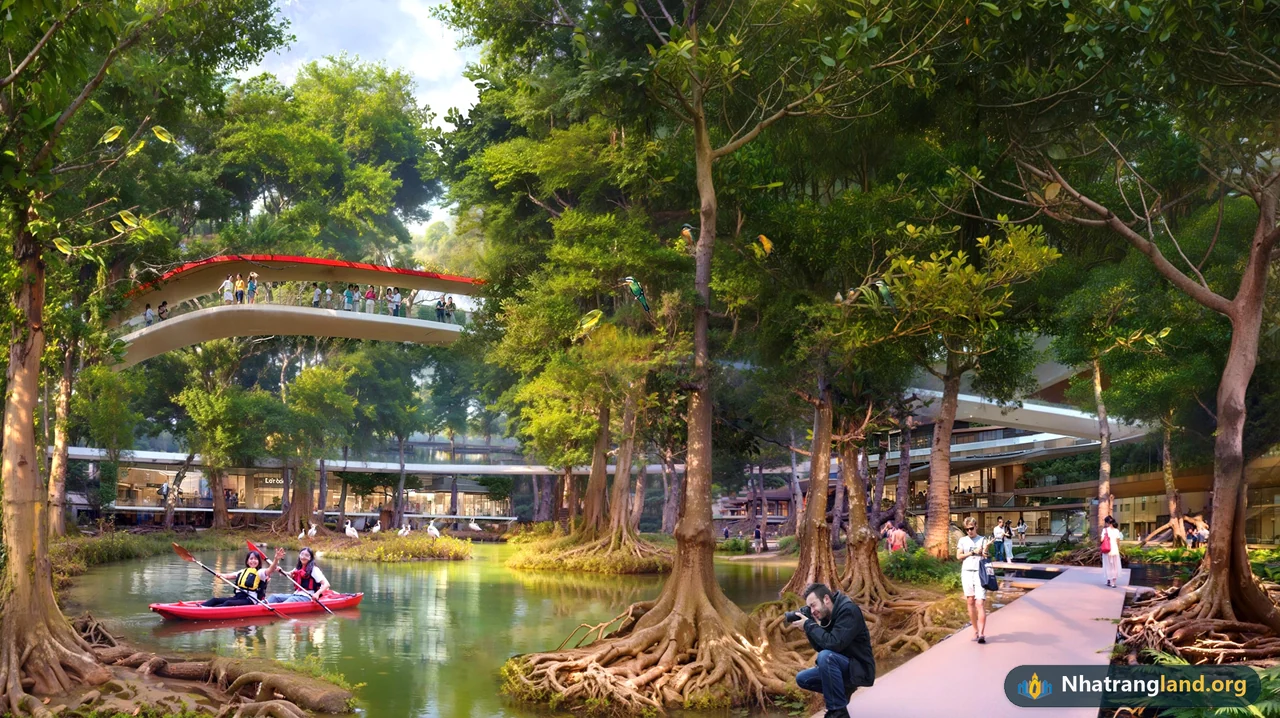 Phối cảnh Đường dạo tr&ecirc;n cao Skywalk số 28 uốn lượn xuy&ecirc;n qua t&aacute;n c&acirc;y rừng ngập nước nối Đảo Bắc sang Đảo Trung Charmora City