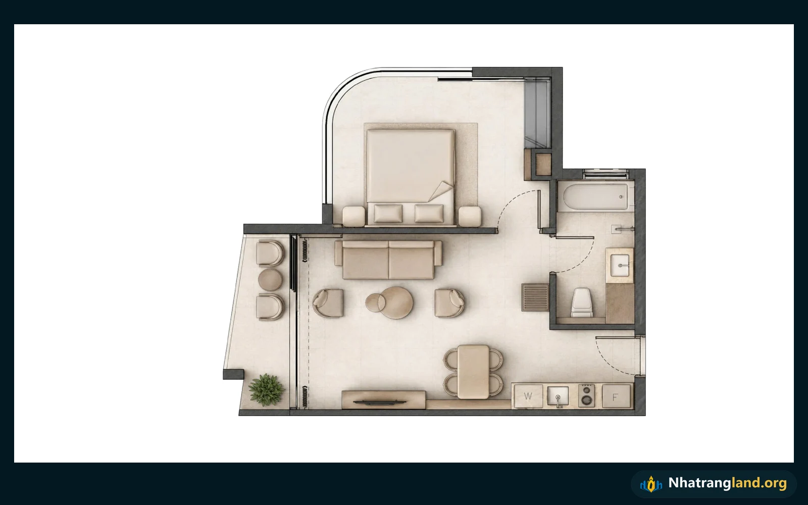 Bản vẽ layout chi tiết căn hộ 1 phòng ngủ diện tích 38,27 đến 50,82m2 tại tòa Alora Nha Trang