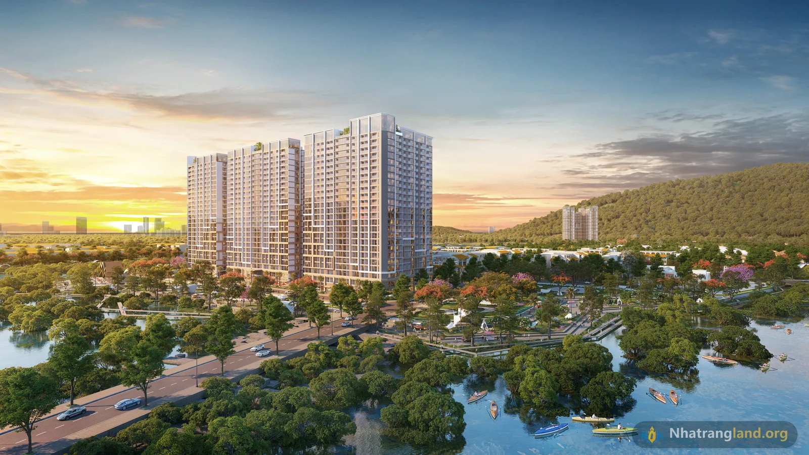 Phối cảnh Bến du thuyền Luxury Marina số 26 v&agrave; đường dạo ven s&ocirc;ng dưới ch&acirc;n c&aacute;c t&ograve;a th&aacute;p Đảo Nam Charmora City Nha Trang