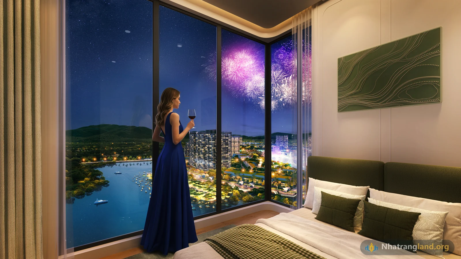 Tầm nh&igrave;n thực tế m&ocirc; phỏng từ ph&ograve;ng kh&aacute;ch căn hộ The Onsen hướng thẳng sang m&agrave;n bắn ph&aacute;o hoa rực rỡ tr&ecirc;n Đảo Trung Charmora City