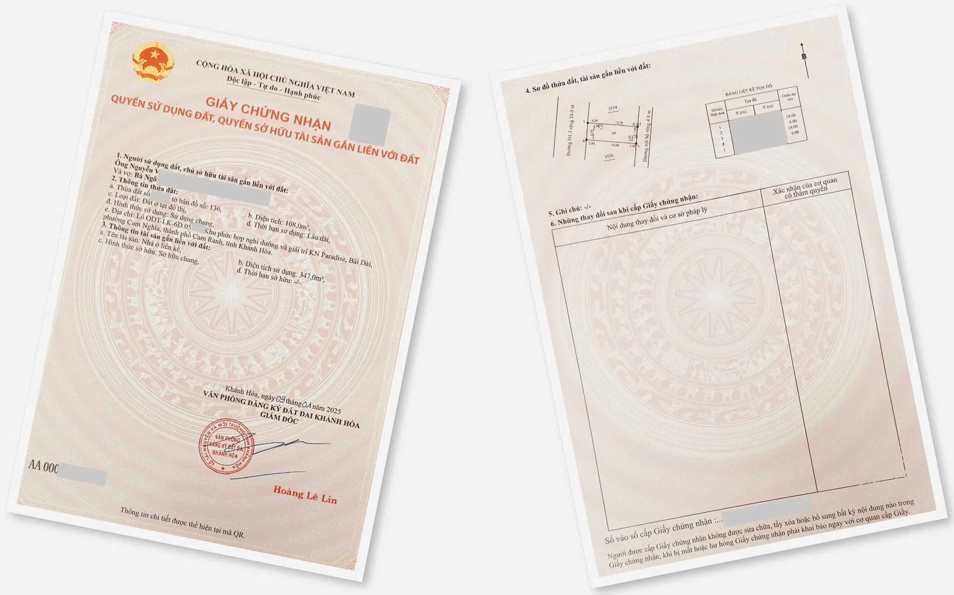 Trọn bộ 2 mặt Giấy chứng nhận Sổ hồng mẫu mới có mã QR cấp ngày 09/01/2025 tại KN Paradise CaraWorld Cam Ranh — Đất ở tại đô thị lâu dài