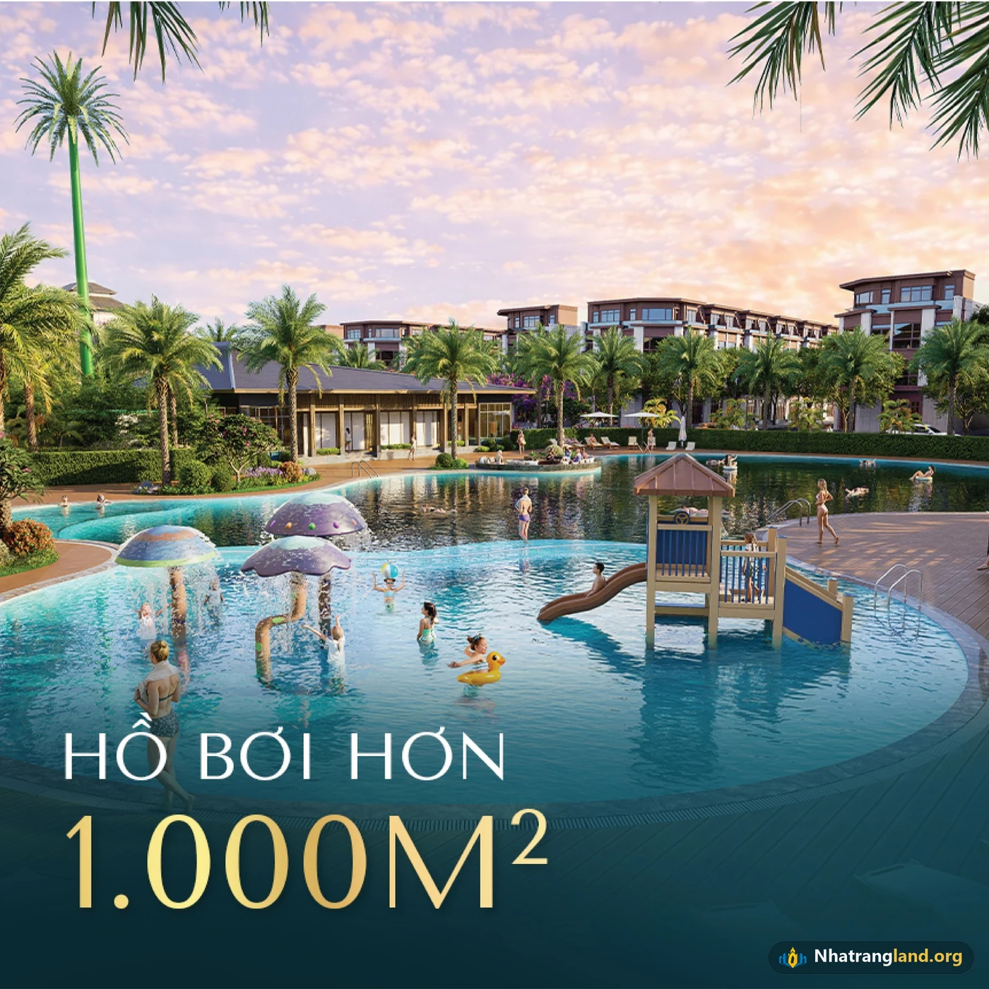 Hồ bơi Resort ngoài trời rộng hơn 1.000 m2 tích hợp khu vui chơi nước trẻ em tại Vinhomes Pearl Bay Nha Trang