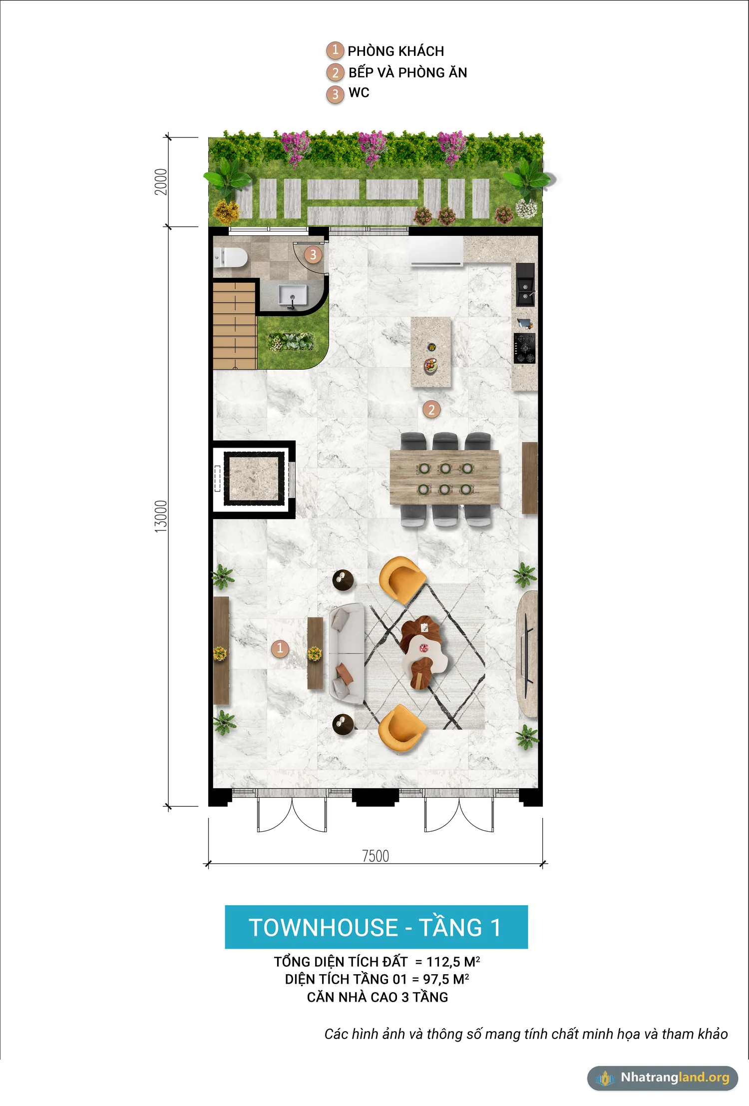 Bản vẽ kỹ thuật mặt bằng tầng 1 mẫu Townhouse 3 tầng mặt tiền rộng 7,5m tại Đảo Nam Charmora City Nha Trang