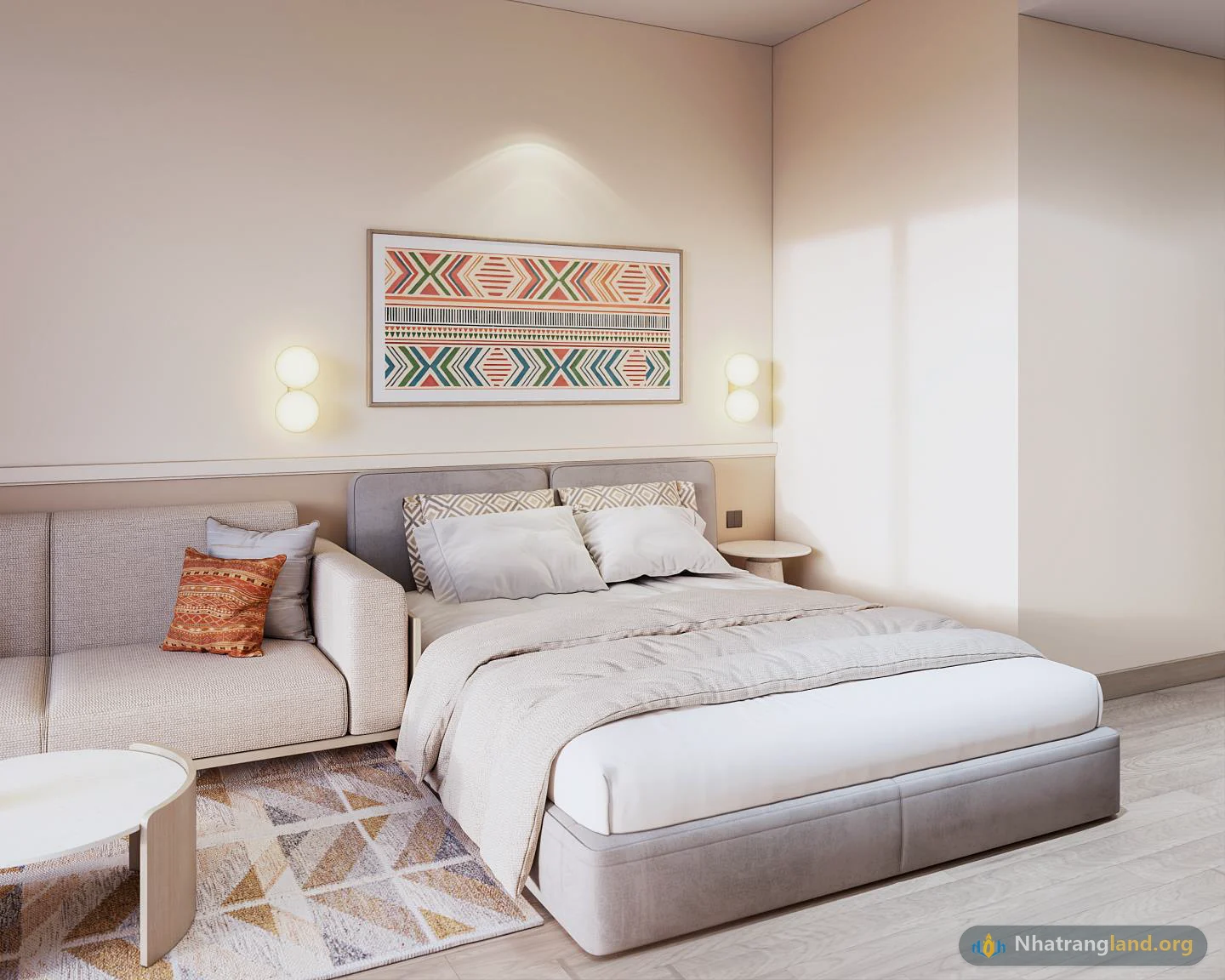 Phối cảnh nội thất căn hộ Studio thiết kế tối ưu kh&ocirc;ng gian nghỉ dưỡng kho&aacute;ng n&oacute;ng tại The Onsen Charmora City