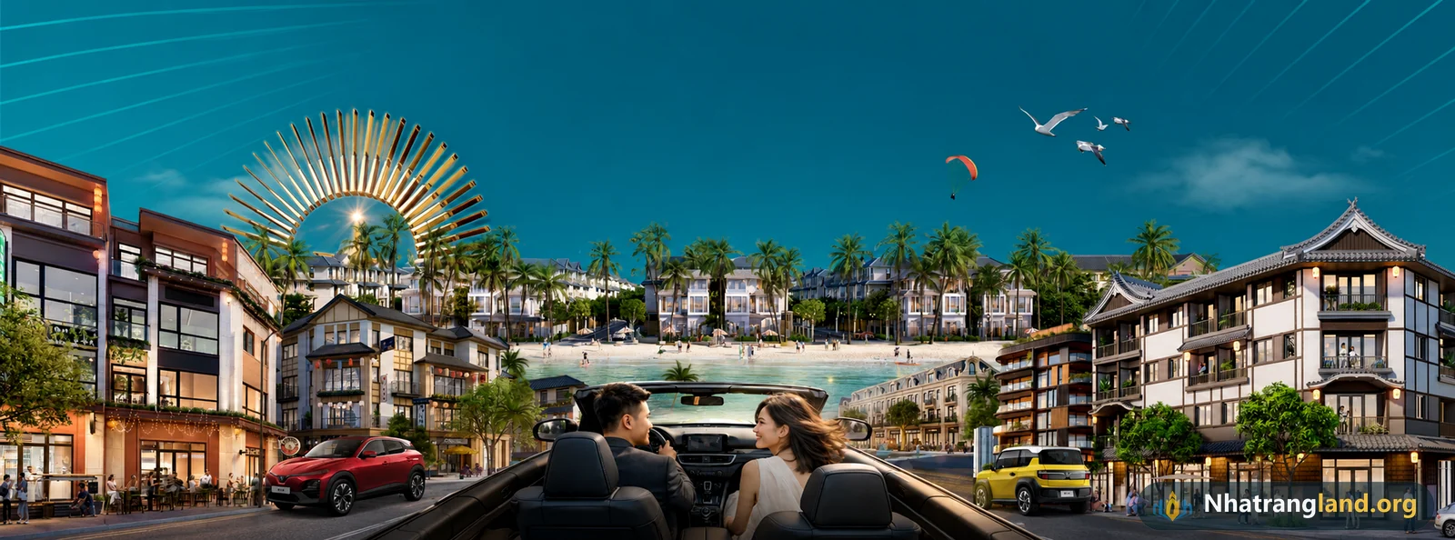 Toàn cảnh bến du thuyền và dãy phố cafe nhà hàng mặt vịnh tại phân khu Lam Ngọc Vinhomes Pearl Bay Nha Trang