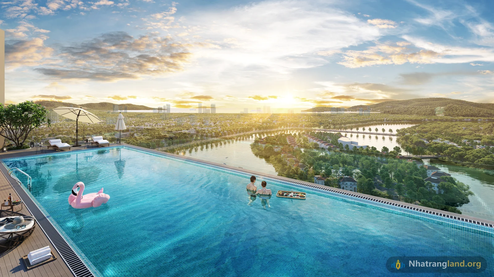 Phối cảnh hồ bơi v&ocirc; cực v&agrave; vườn thượng uyển kết hợp tiện &iacute;ch kho&aacute;ng n&oacute;ng tr&ecirc;n tầng m&aacute;i 24 t&ograve;a th&aacute;p The Charm CC04 Charmora City