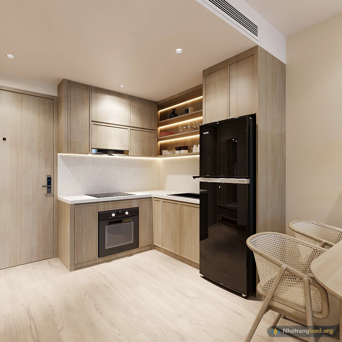Phối cảnh nội thất căn hộ 1PN+ phong c&aacute;ch Nhật Bản ấm c&uacute;ng tại cụm th&aacute;p The Onsen Charmora City Nha Trang
