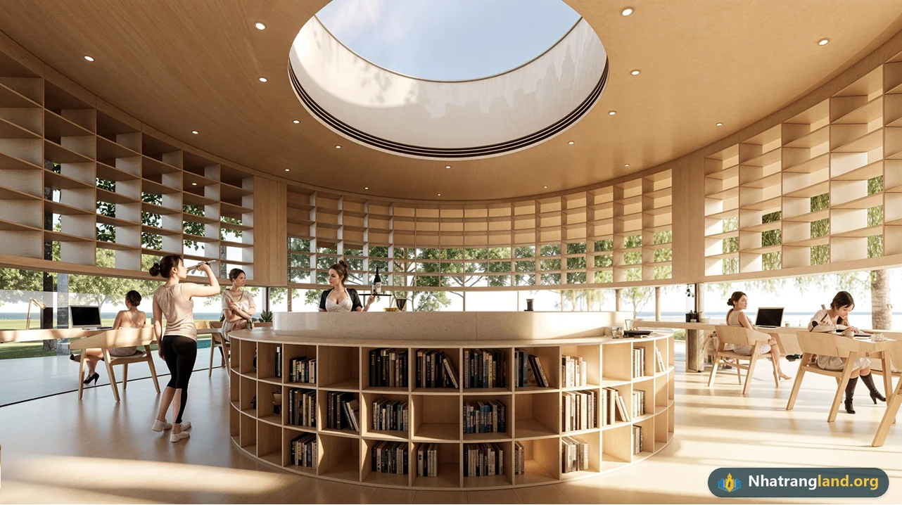 Phối cảnh kh&ocirc;ng gian nội thất gỗ ấm c&uacute;ng sang trọng b&ecirc;n trong Clubhouse tiện &iacute;ch 5 sao d&agrave;nh cho cư d&acirc;n Đảo Nam Charmora City