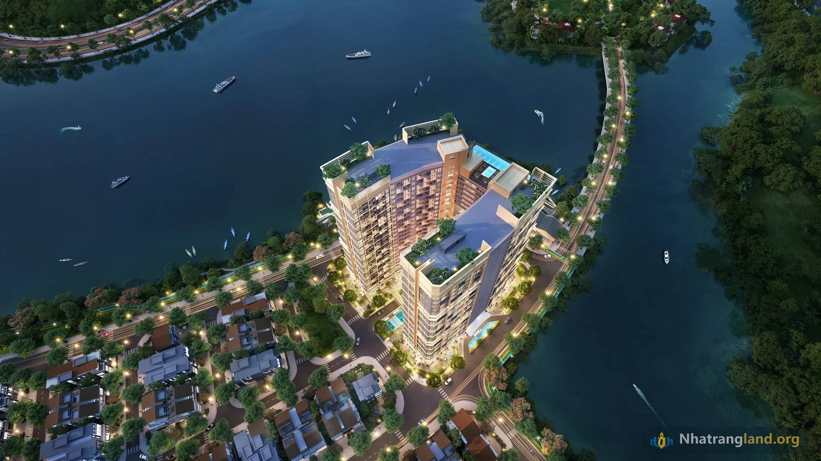 Phối cảnh tổng thể t&ograve;a th&aacute;p biểu tượng The Charm CC04 tọa lạc tại mũi Đảo Nam 3 mặt gi&aacute;p s&ocirc;ng s&aacute;t Bến du thuyền Charmora City Nha Trang