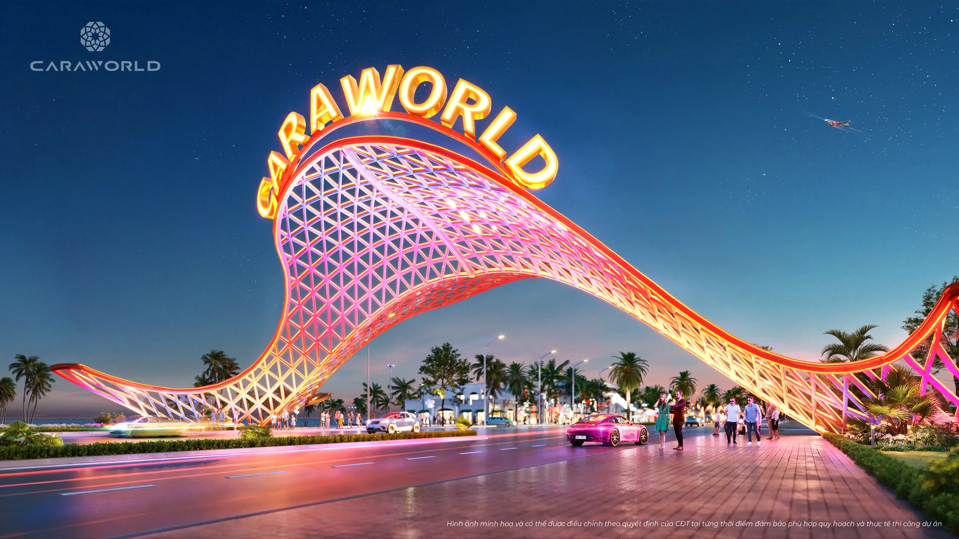 Phối cảnh hiệu ứng chiếu s&aacute;ng LED ban đ&ecirc;m của Cổng ch&agrave;o biểu tượng CaraWorld tr&ecirc;n đại lộ Nguyễn Tất Th&agrave;nh