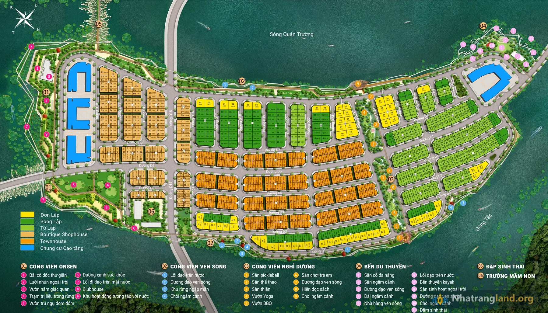 Bản đồ Tổng mặt bằng phân lô chi tiết 857 căn thấp tầng Đảo Nam Elite Island gồm Townhouse, Boutique Shophouse, Biệt thự Tứ lập, Song lập và Đơn lập ven sông Charmora City