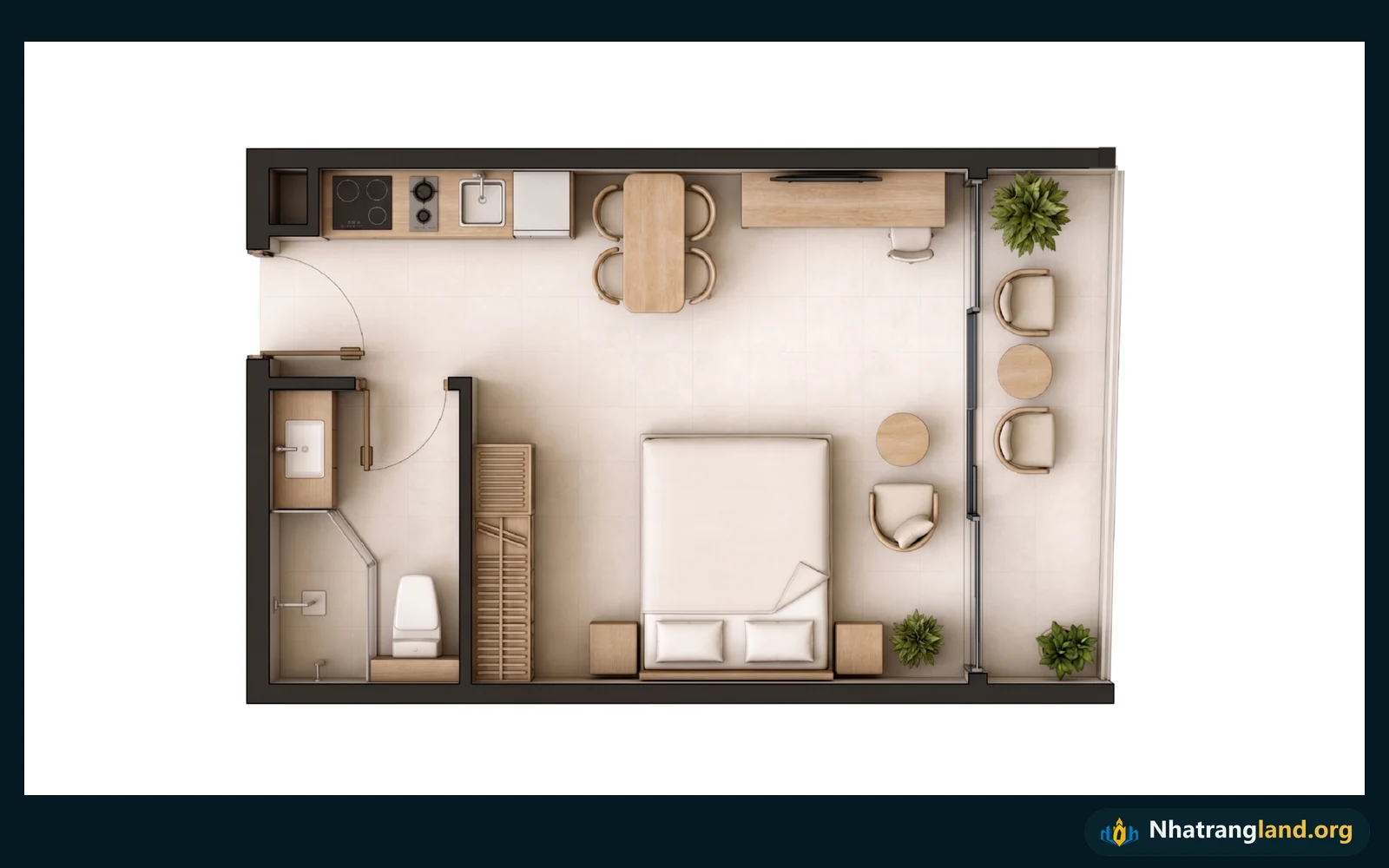 Bản vẽ layout chi tiết căn hộ Studio diện tích 25 đến 35,29m2 tại tòa tháp Alora Nha Trang