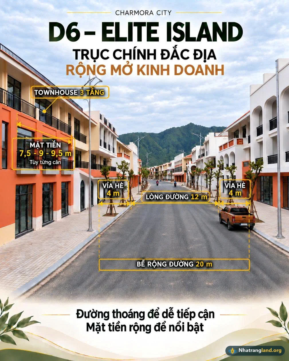 Ảnh chụp thực tế trục đường chính D6 lộ giới rộng 20m đã thảm nhựa và các dãy Townhouse 3 tầng hoàn thiện mặt ngoài tại Elite Island tháng 10/2026