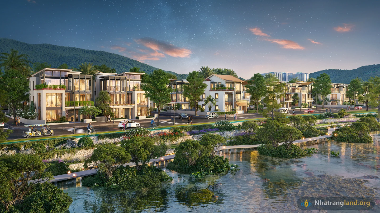Phối cảnh dãy Biệt thự Đơn lập và Song lập ven sông mái ngói đỏ Champa tại phân khu The Elite Charmora City