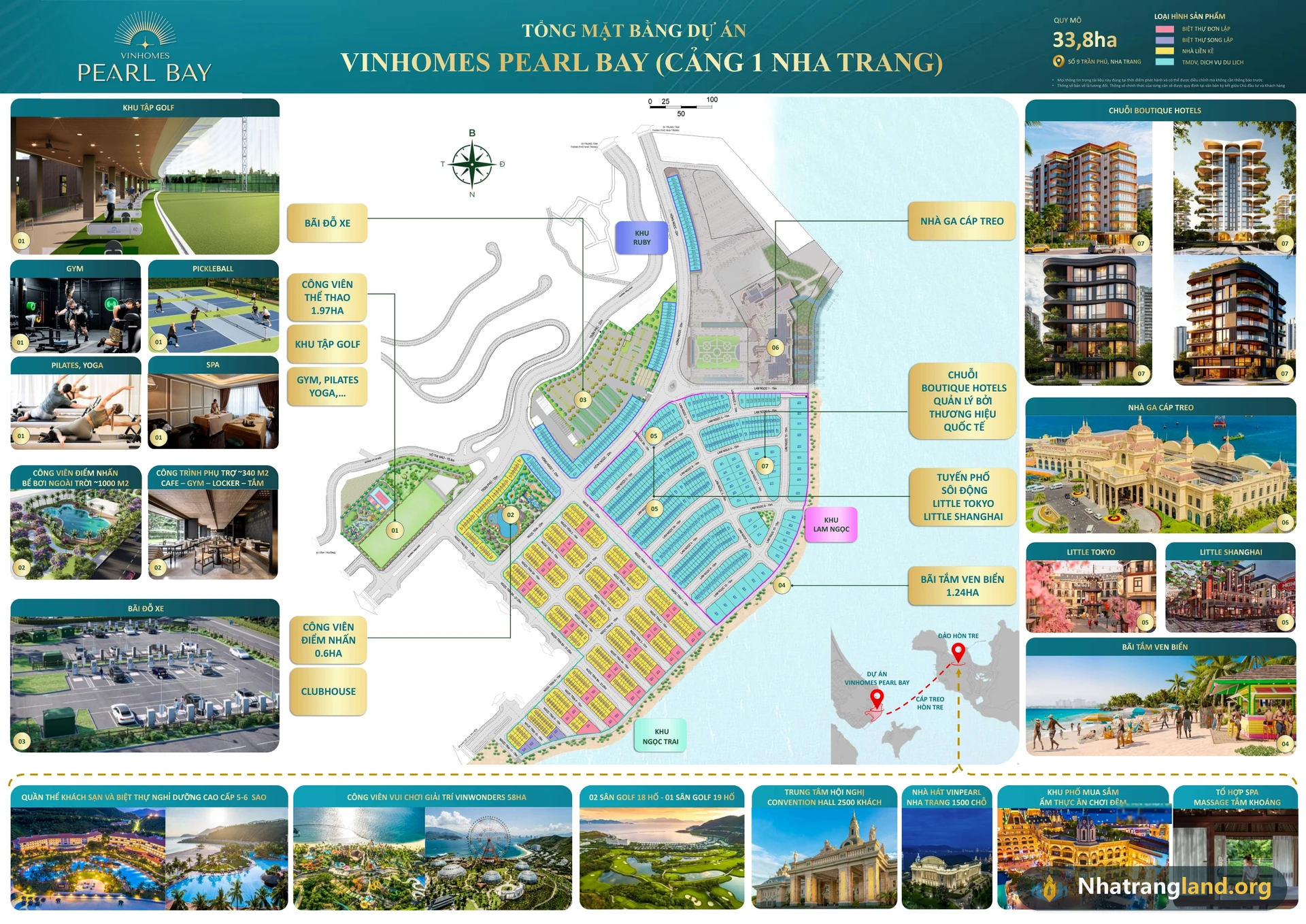 Infographic bản đồ tổng mặt bằng hệ sinh thái tiện ích nội khu đánh số 01 đến 07 và kết nối đảo Hòn Tre của Vinhomes Pearl Bay Nha Trang