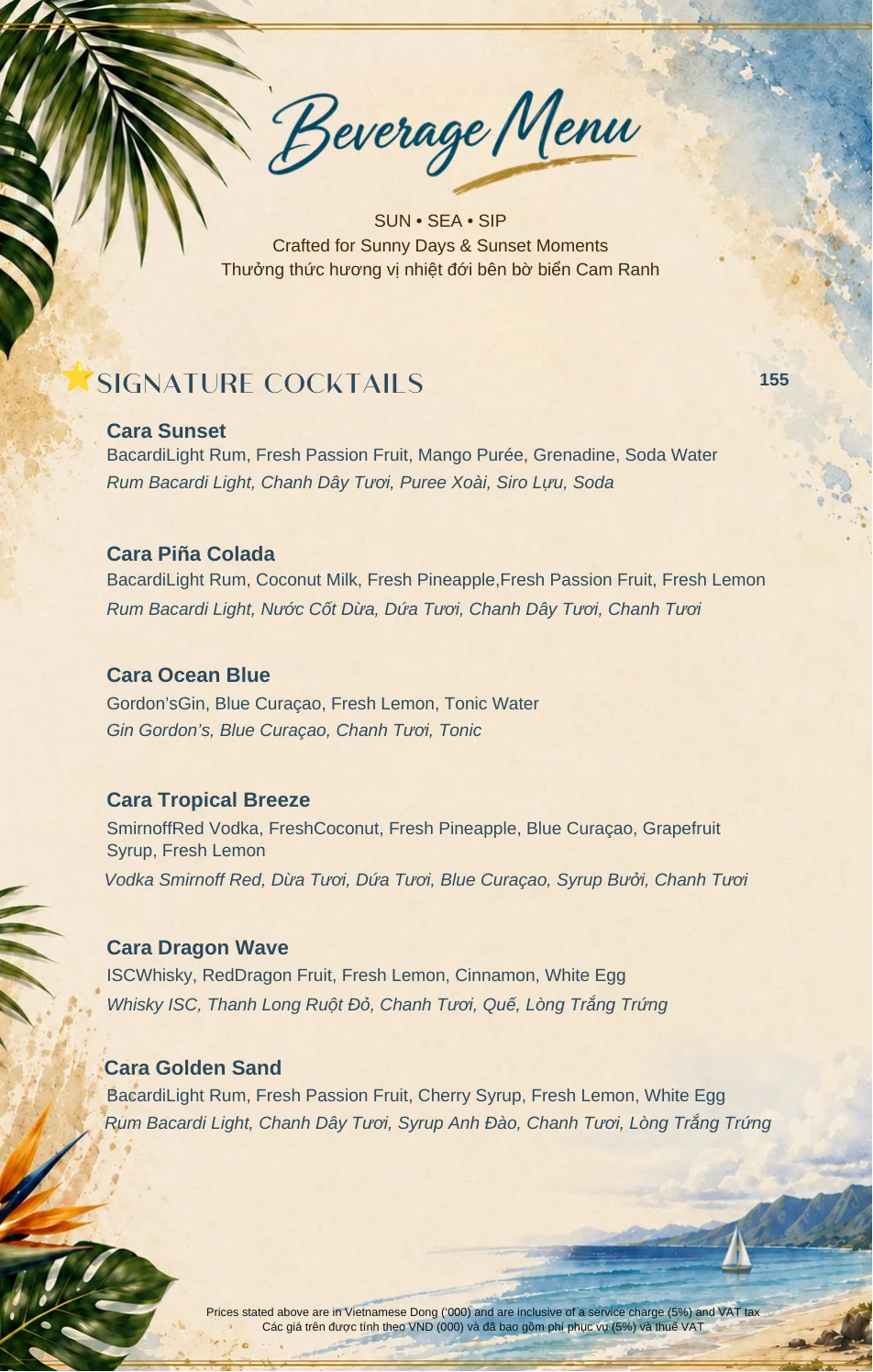 Thực tế bảng gi&aacute; menu đồ uống v&agrave; Signature Cocktails ni&ecirc;m yết minh bạch tại CaraBeach Bar