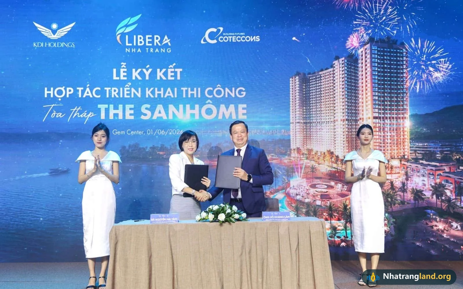 Lễ k&yacute; kết hợp t&aacute;c giữa KDI Holdings v&agrave; tổng thầu x&acirc;y dựng Coteccons triển khai thi c&ocirc;ng th&aacute;p đ&ocirc;i The Sanh&ocirc;me
