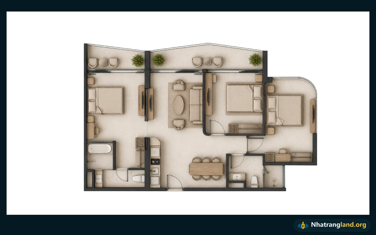 Bản vẽ layout chi tiết căn hộ 3 phòng ngủ góc diện tích 90m2 tầm nhìn Panorama mũi vịnh Alora Nha Trang