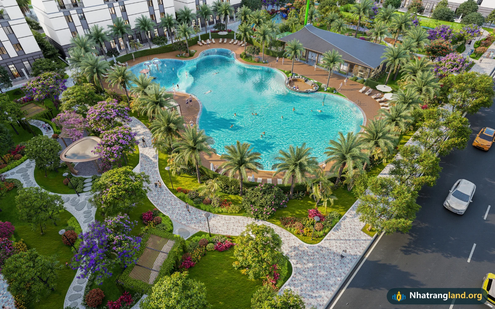 Phối cảnh Công viên điểm nhấn trung tâm rộng 0,68 ha và bể bơi Resort ngoài trời tại Vinhomes Pearl Bay Nha Trang