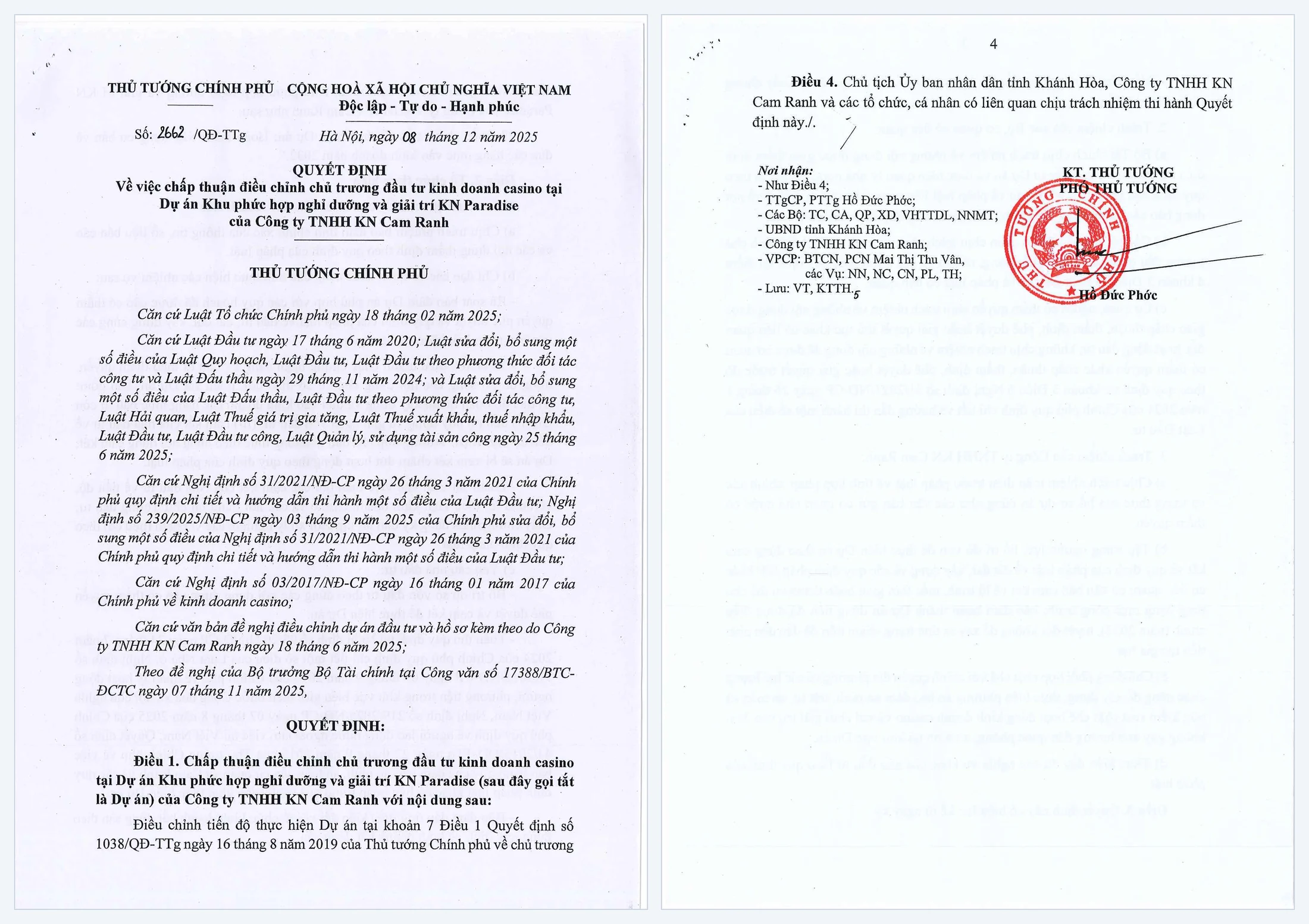 Văn bản Quyết định số 2662/QĐ-TTg ng&agrave;y 08/12/2025 của Thủ tướng Ch&iacute;nh phủ ph&ecirc; duyệt điều chỉnh chủ trương đầu tư dự &aacute;n KN Paradise kh&oacute;a mốc ho&agrave;n th&agrave;nh đồng bộ năm 2032