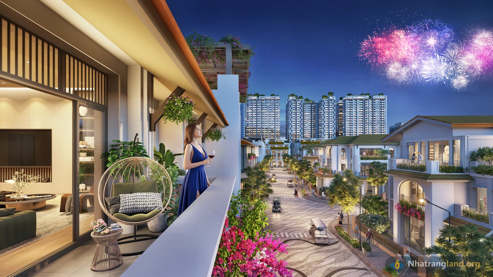 Phối cảnh trục đại lộ Boutique Shophouse 5 tầng và Townhouse kết nối thẳng về cụm 3 tòa tháp căn hộ The Onsen Charmora City