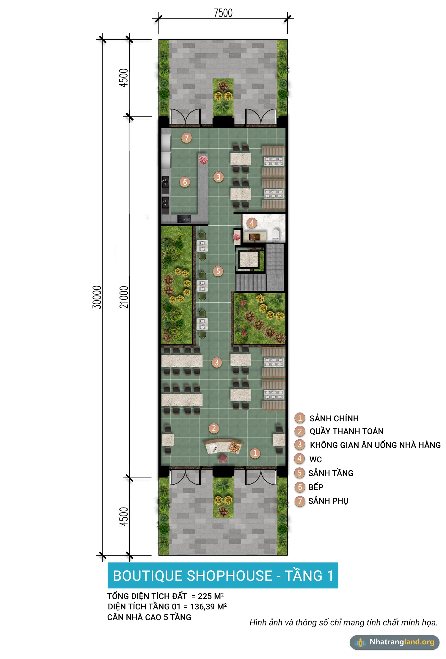 Bản vẽ kỹ thuật mặt bằng tầng 1 mẫu Boutique Shophouse 5 tầng khoảng lùi trước sau 4,5m tạo 2 mặt sảnh tại Charmora City