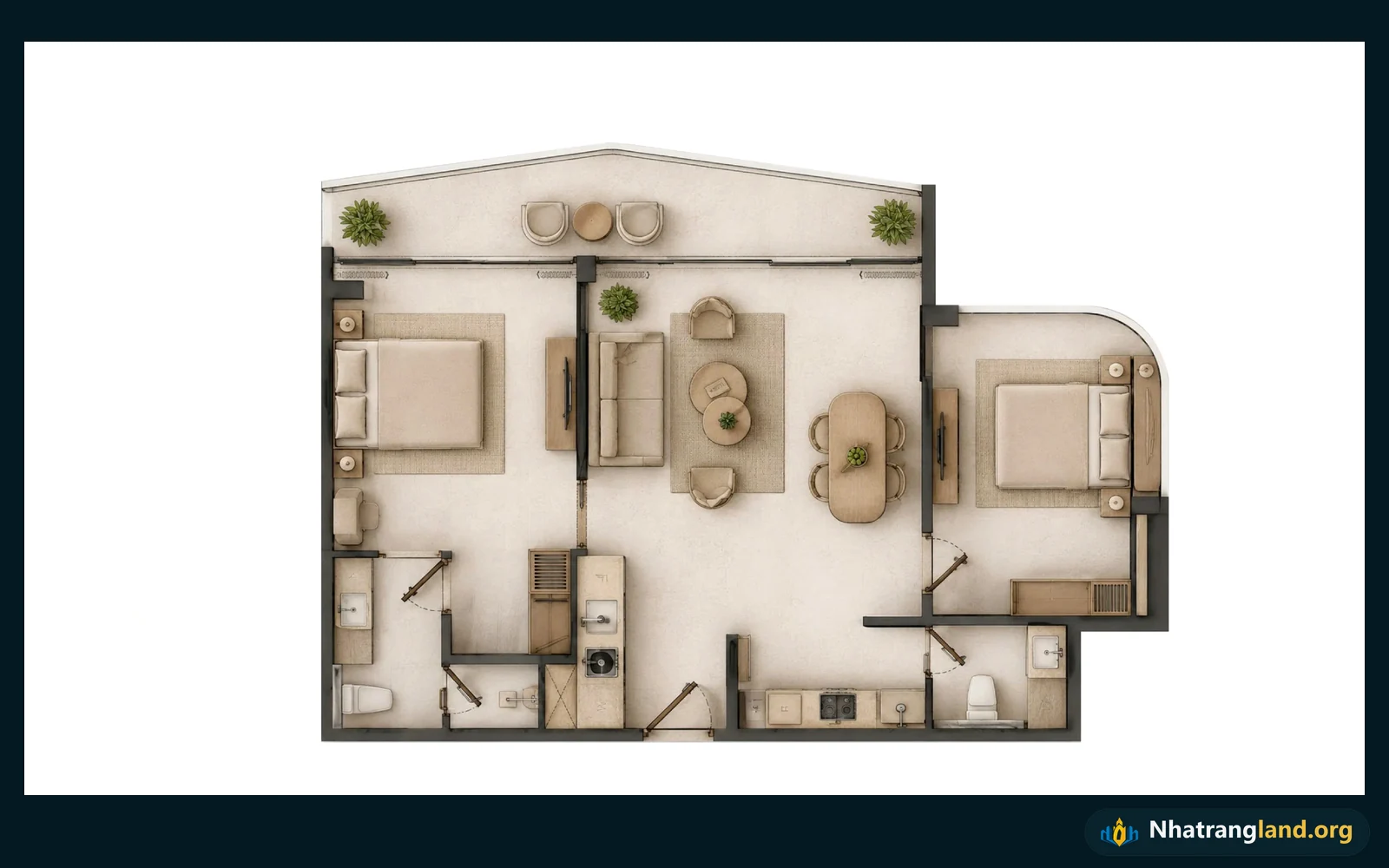Bản vẽ layout chi tiết căn hộ 2 phòng ngủ diện tích 61,13 đến 65,88m2 tại tòa Alora Nha Trang