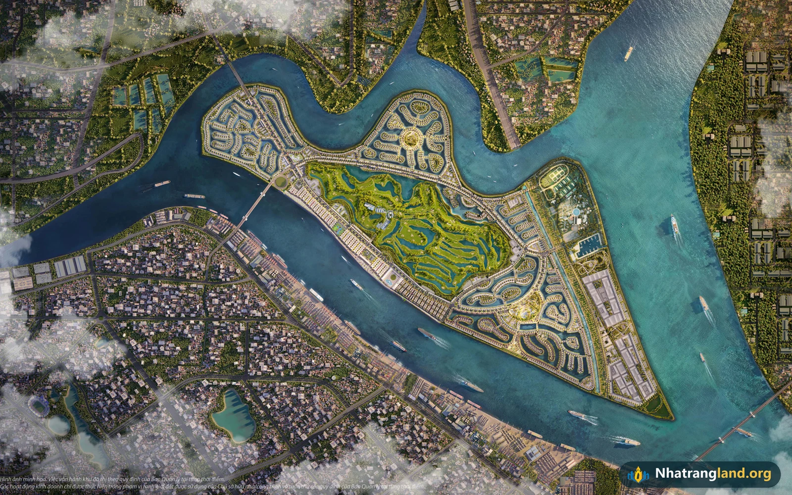 To&agrave;n cảnh Th&agrave;nh phố Đảo Ho&agrave;ng Gia Vinhomes Royal Island quy m&ocirc; 877 ha tại đảo Vũ Y&ecirc;n Hải Ph&ograve;ng với s&acirc;n Golf 36 hố v&agrave; bến du thuyền